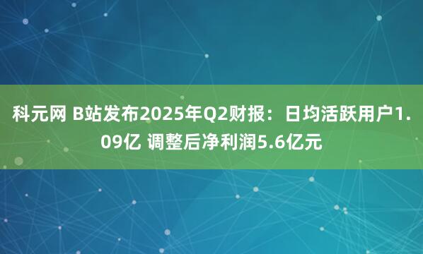 科元网 B站发布2025年Q2财报：日均活跃用户1.09亿 调整后净利润5.6亿元